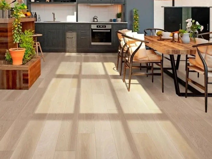 Laminate flooring in an open concept kitchen